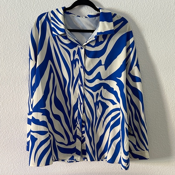 Amazon Tops - WOMEN'S COBALT ZEBRA PRINT BUTTON DROP SHOULDER LONG SLEEVE BLOUSE L